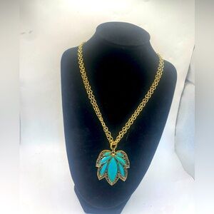 Vintage Brass Plate Necklace with Turquoise Stone Barse Thailand 18”